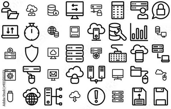 Fototapeta Set Of Linear Database And Server Pixel Prefect Isolated Silhouette Solid Icons With Server,Connection,Database,Network,Storage Vector Icons Illustration Collection