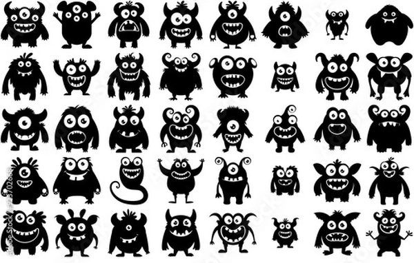 Fototapeta Set Of Cute Funny Monster Characters Isolated Silhouette Solid Icons With Monster-Cartoon,Monster-Character,Demon,Zombie-Monster,Cartoon-Monster Stroke Icon Collection. Vector Illustration