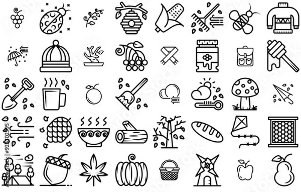 Fototapeta Set Of Linear Creatype Autumn Outline Icons Collection Isolated Silhouette Solid Icons Including Fruit,Honey,Autumn,Fall,Food Solid Icon Collection. Vector Illustration