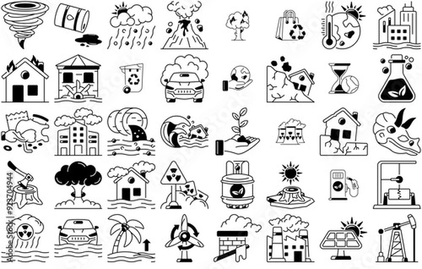 Fototapeta Set Of Linear Climate Change Vector Symbols Apps, Websites Ui Designs Suitable For Pollution,Earthquake,Disaster,Ecology,Nuclear Stroke Icon Collection. Vector Illustration
