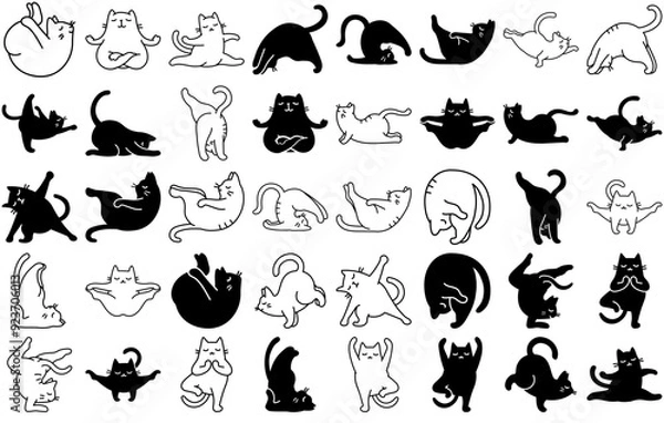 Fototapeta Mega Set Of Vector Cat Yoga Poses Meditation Zen Asana Namaste Icons Collection Isolated Silhouette Solid Icons Including Pose,Yoga,Meditation,Cat,Asana Stroke Icon Collection. Vector Illustration