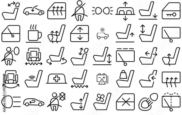 Fototapeta Mega Set Of Vector Car Dashboard Outline Part Icons Web Header Banner Design Containing Car,Seat,Height,Side,Adjustment Stroke Icon Collection. Vector Illustration