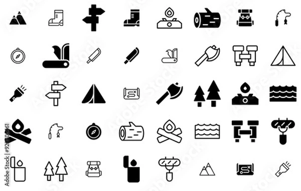 Fototapeta A Collection Of Camping Icons Silhouette Vector Logo Design Containing Campfire,Camp,Adventure,Camping,Holiday Outline Icons Collection. Simple Vector Illustration