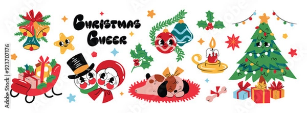 Fototapeta Merry christmas and happy new year cartoon characters decoration element set. Holidays greeting for design, poster, print, background.
