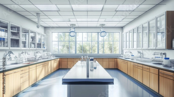 Fototapeta Laboratory workbench furniture within a science classroom at a university or college. Laboratory casework featured in a medical and clinical lab setting.