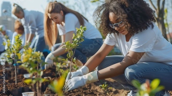 Fototapeta Volunteers are transforming urban areas by planting trees, boosting biodiversity and community well-being.