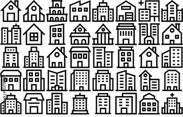 Fototapeta Set Of Linear Buildings Line Icons Web Header Banner Design Containing Building,Real-Estate,Flats,Apartments,Trade-Center Outline Icons Collection. Simple Vector Illustration