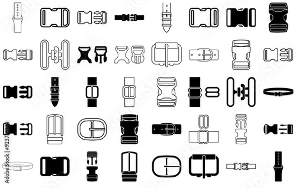 Fototapeta Set Of Buckle Icons Collection Isolated Silhouette Solid Icons Including Belt,Secure,Buckle,Lock,Seatbelt Set Vector Flat Line Icons