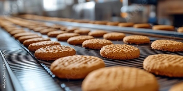 Fototapeta The Art of Baking: A Glimpse into the Cookie Production Line, Conveying the Sweet Science of the Pastry Industry.