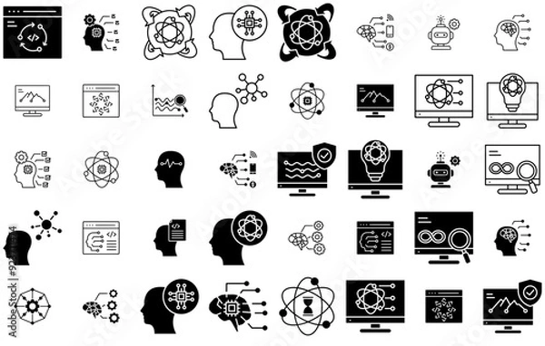 Fototapeta Set Of Linear Artificial General Intelligence Isolated Silhouette Solid Icons With Quantum-Computing,Programming,Artificial-Intelligence,Agi,Technology Vector Illustration Linear Pictogram Pack