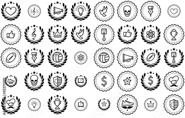 Fototapeta A Collection Of Achievements Badges Icons Web Header Banner Design Containing Wreath,Gear,Award,Achievement,Badge Stroke Icon Collection. Vector Illustration