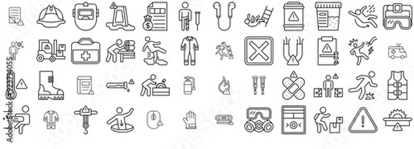 Fototapeta Set Of Workplace Injury Outline Vector Symbols Apps, Websites Ui Designs Suitable For People,Fall,Drop,Slip,Tumble Business Infographic Elements Logo Vector Illustration