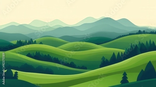 Fototapeta Lush Green Hills, A tranquil landscape showcasing rolling hills in vibrant green hues, complemented by a calm blue sky, perfect for nature enthusiasts and serene escapes.