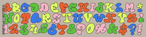 Fototapeta A playful 60's style cartoon alphabet featuring bubbly, hand-drawn comic letters. Groovy acid font. Ideal for children's designs, creative projects, this whimsical font adds a fun and lively touch.
