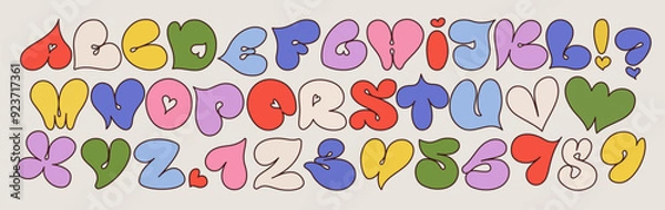 Fototapeta A playful colorful vibrant heart-shaped uppercase alphabet. Balloon fonts. Perfect for children's designs, Valentine's Day projects, and any creative typography needing a whimsical, love-themed touch