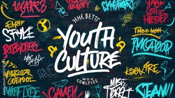 Fototapeta A poster with the phrase “Youth Culture” written on it in different colors and styles of graffiti in different colors that indicate youth.