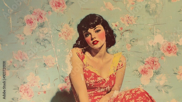 Fototapeta Vintage pin up girl red and yellow sun dress on pastel floral wallpaper background