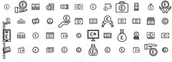 Fototapeta A Collection Of Money British Pound Isolated Silhouette Solid Icons With Money,Currency,Gbp,Cash,Pound-Sterling Vector Illustration Linear Pictogram Pack