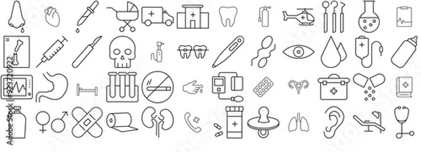 Fototapeta A Collection Of Medical Line Icon Icons Collection Isolated Silhouette Solid Icons Including Doctor,Health,Emergency,Hospital,Medical Vector Icons Illustration Collection