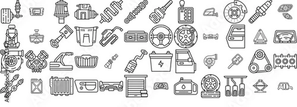 Fototapeta A Collection Of Goofy Car Auto Parts Line Vector Symbols Apps, Websites Ui Designs Suitable For Motor,Engine,Car-Parts,Fuel,Car-Repair Stroke Icon Collection. Vector Illustration