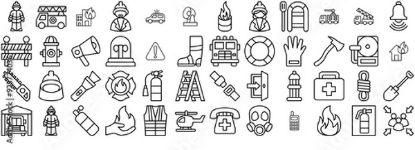 Fototapeta Mega Set Of Vector Fire Department Fire Brigade Icons Web Header Banner Design Containing Safety,Firefighter,Fire-Truck,Fire,Vehicle Solid Icon Collection. Vector Illustration