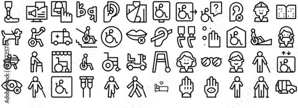 Fototapeta Set Of Disability Icons Silhouette Vector Logo Design Containing Accessibility,Disabled,Mobility-Aid,Disability,Wheelchair Vector Icon Set Linear Pictogram Pack