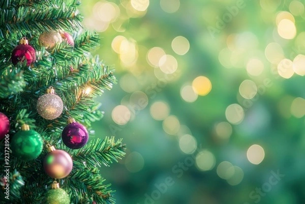 Fototapeta Decorated Christmas Tree with Colorful Ornaments and Bokeh Lights