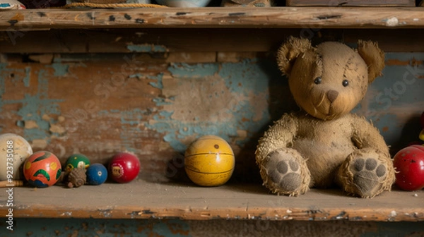 Fototapeta Teddy's Timeless Shelf: A well-loved teddy bear sits patiently amidst vintage toys on a weathered shelf, evoking a sense of nostalgia and childhood memories.