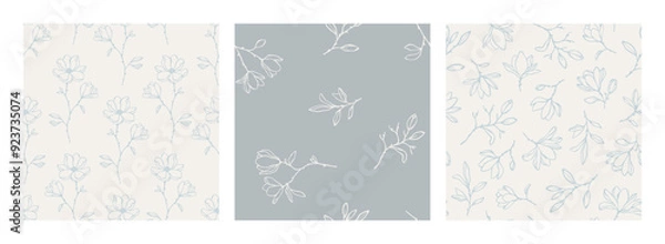 Obraz Set of vector seamless patterns with elegant line art magnolia flowers, branches and buds in pastel colors. Hand drawn lovely botanical background for wrapping and textile. Linear floral patterns