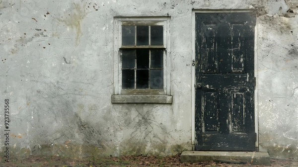 Fototapeta Timeworn Facade: An aged, weathered door and window stand sentinel on a textured wall, whispering tales of bygone eras. 