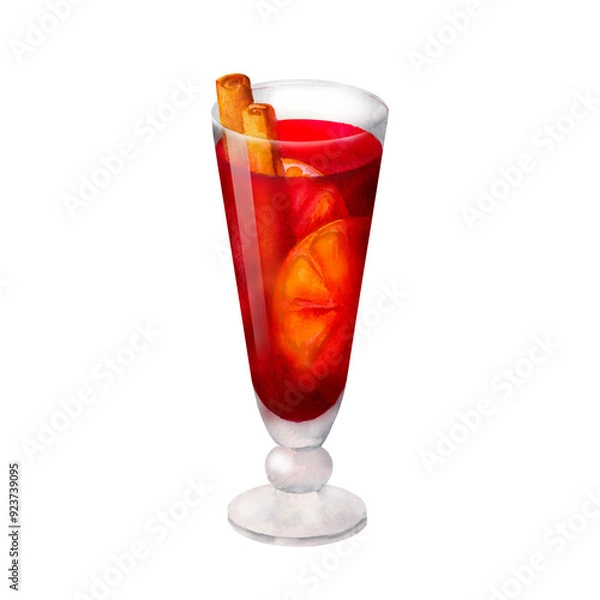 Fototapeta Mulled red wine made from rum, apples, cinnamon, star anise and cardamom spices watercolor isolated illustration. Hand-drawn autumn drink for winter or fall menu, Christmas and Thanksgiving.