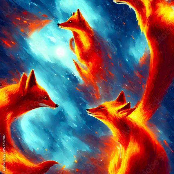 Fototapeta Portrait of a red fox. Three foxes illustration