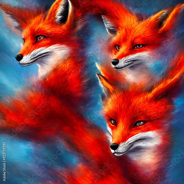 Fototapeta Portrait of a red fox. Three foxes illustration