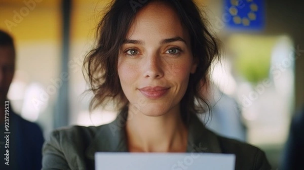 Fototapeta Confident professional woman with warm smile holding document, ready for presentation or interview. European Union flag visible in background.