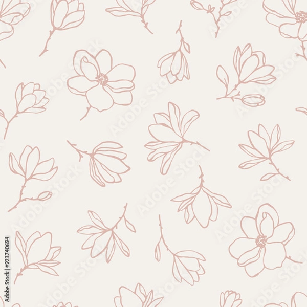 Obraz Hand drawn vector seamless pattern with magnolia flowers in pastel colors. Line art elegant botanical endless background for prints, wrapping paper, textile. Charming linear floral pattern