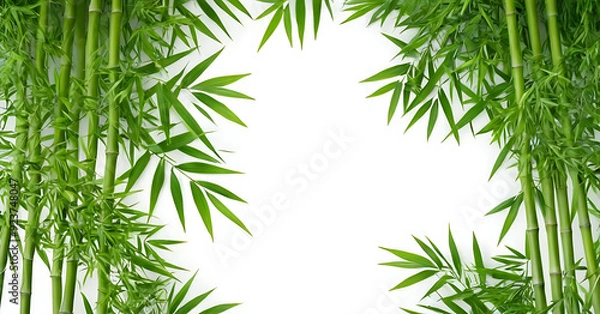Fototapeta Lush green bamboo stalks and leaves frame a blank white space, ideal for showcasing text, products, or designs. Perfect for websites, invitations, or presentations with a natural, tranquil theme. AI g