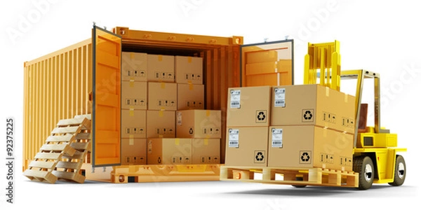 Obraz Operacja załadunku ładunku, wysyłka, dostawa, logistyka i koncepcja transportu towarów, otwarty kontener pełen pudeł i wózek widłowy podnoszą paczki na palecie na białym tle
