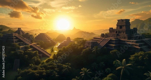 Obraz Ancient Mayan temple in the middle of a lush jungle, surrounded by trees and mountains. The sky is filled with clouds and the setting sun creates a beautiful backdrop for the historical scene.