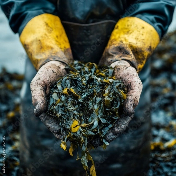 Obraz Aquaculture Farmer Holding a Bountiful Harvest of Fresh Seaweed on the Coastal Farm Beach, Embracing Sustainable Seafood Practices and Coastal Livelihoods.