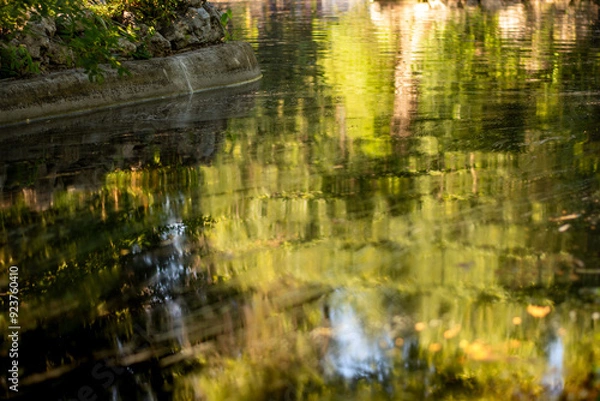 Fototapeta The lake’s water stretches serenely, reflecting the surrounding trees. The calm surface creates a natural mirror, capturing the essence of tranquility and the beauty of the landscape.