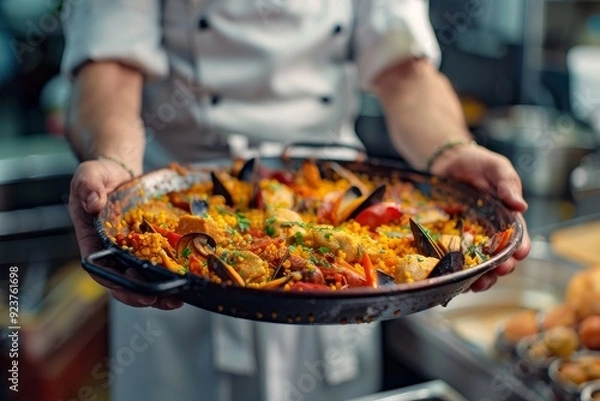 Obraz chef's hands holding traditional spanish paella in authentic style and traditional utensils