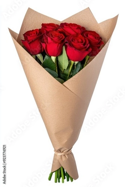 Fototapeta Beautiful bouquet of red roses wrapped in brown paper, perfect for gifting on special occasions.
