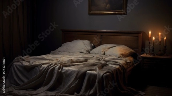 Fototapeta A photo of a bed with a satin bedspread