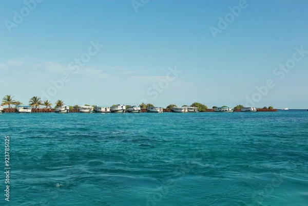 Fototapeta Breathtaking Serene of Maldives Coastal View of Charming Beachfront Boats 