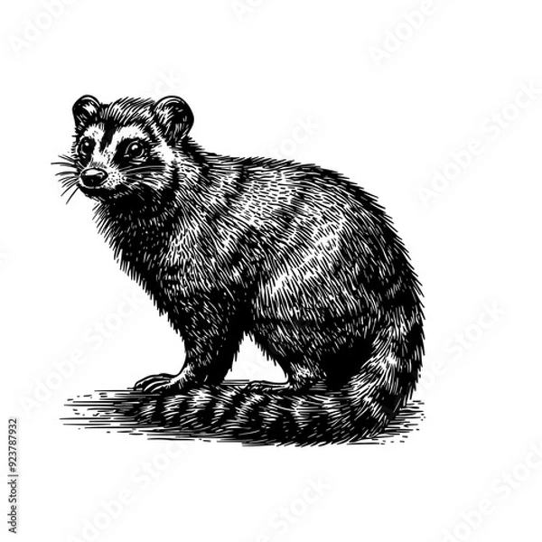 Fototapeta Vector illustration of a raccoon in the style of a black-and-white vintage engraving with detailed line and texture work, an elegant and refined drawing for print and design