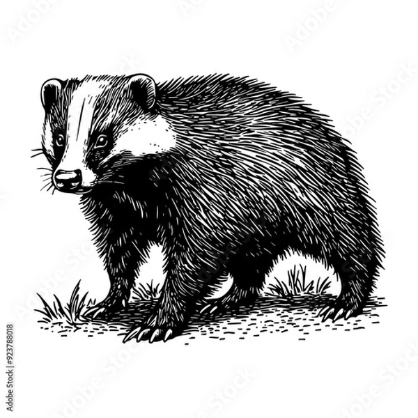 Fototapeta Vector illustration of a badger in the style of a black-and-white vintage engraving with detailed line and texture work, an elegant and refined drawing for print and design