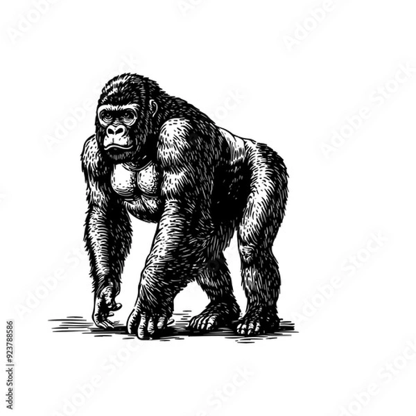 Fototapeta Vector illustration of a monkey in the style of a black-and-white vintage engraving with detailed line and texture work, an elegant and refined drawing for print and design