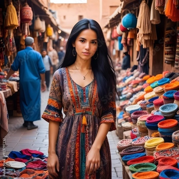 Obraz A young woman with long black hair exploring a traditional market in Marrakech, wearing a colorful dress, examining handmade crafts, vibrant colors and patterns surrounding her