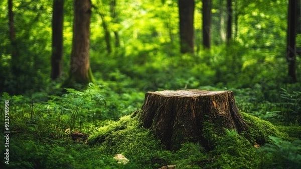 Fototapeta Majestic tree stump sitting amidst a verdant forest, highlighting the rich greenery and the stump's rugged texture.