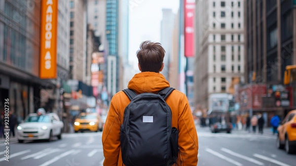 Obraz A man wearing an orange hoodie and a black backpack is seen from behind as he navigates through a busy city street.